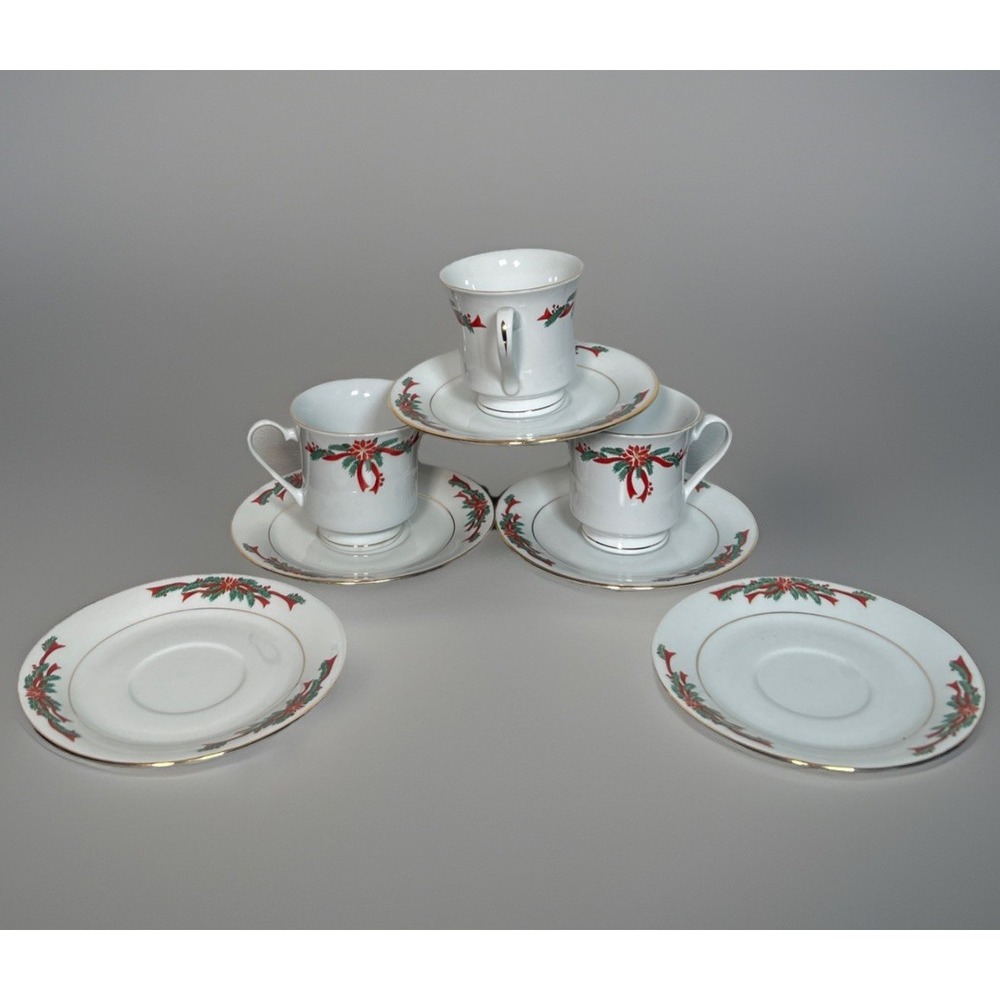 Christmas Poinsettia Ribbon Espresso Set of 3 Coffee Cups + 5 Saucers Gold Rim